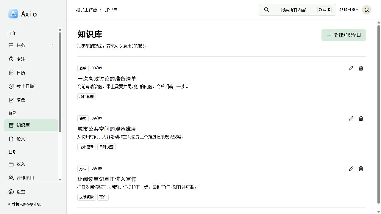知识库中保存的研究方法、阅读笔记和讨论清单，均为演示内容